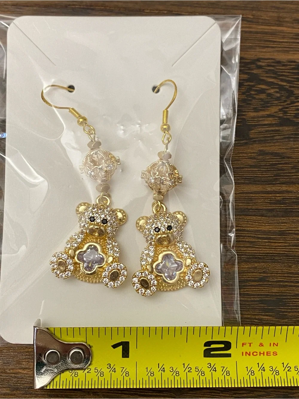 Jenny Leigh Rhinestone Gold Tone Teddy Bear Dangle Earrings NWT
